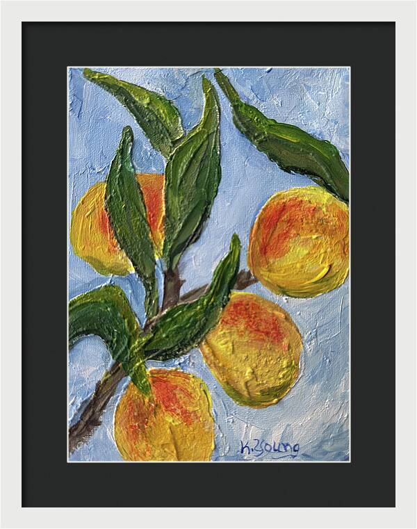 Bough of Plenty Four Peaches on Blue Framed Print — White frame, Black mat, 11.5" x 16"
