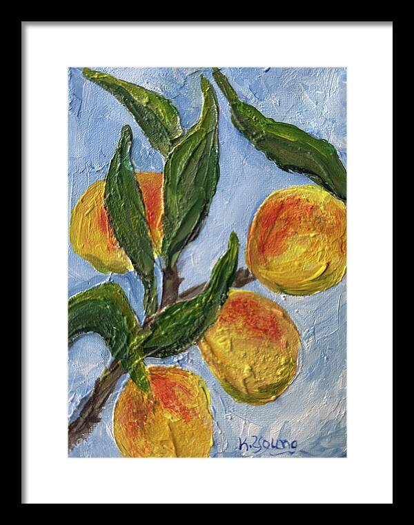 Bough of Plenty Four Peaches on Blue Framed Print — Black frame, White mat, 11.5" x 16"