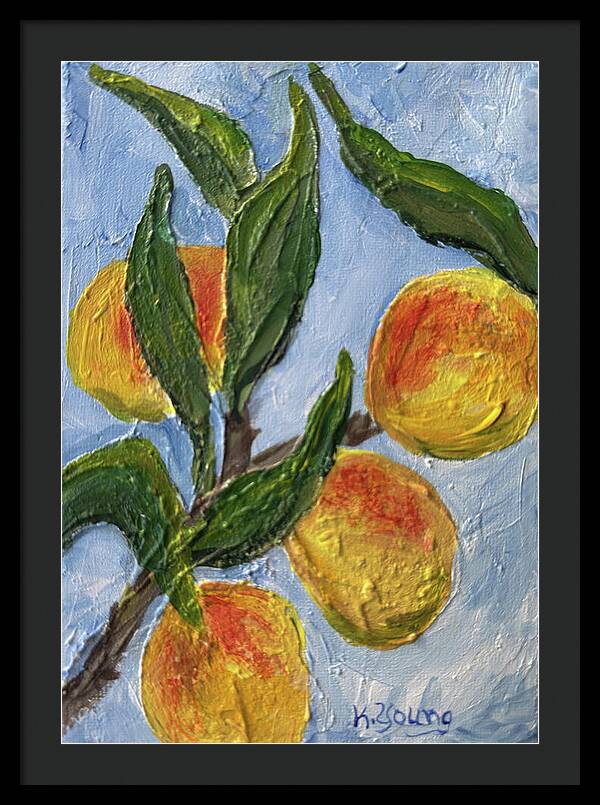 Framed print of Bough of Plenty, Kathryn Young's painting of four golden peaches on a leafy branch against a blue sky