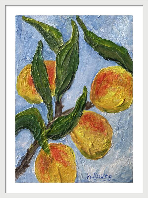 Bough of Plenty Four Peaches on Blue Framed Print — White frame, White mat, 21" x 30"