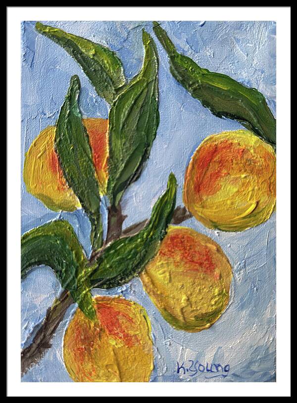 Bough of Plenty Four Peaches on Blue Framed Print — Black frame, White mat, 34" x 48"