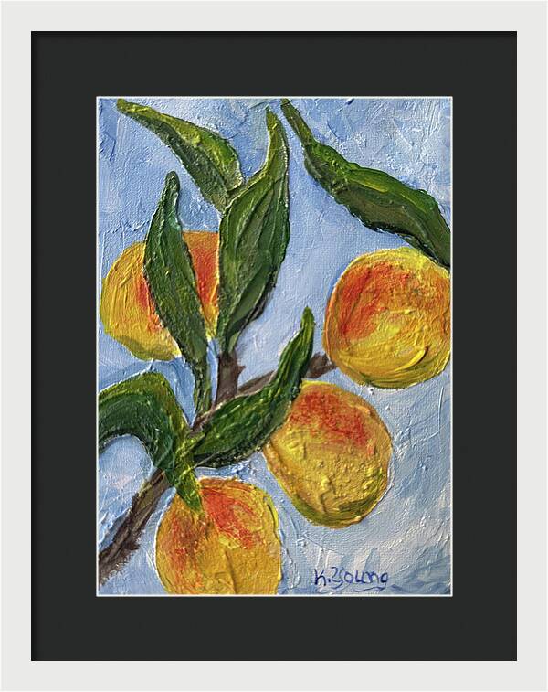 Bough of Plenty Four Peaches on Blue Framed Print — White frame, Black mat, 10" x 14"