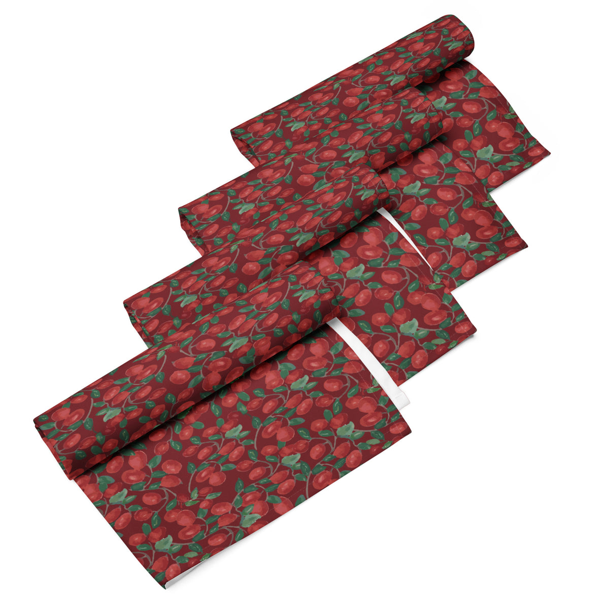 Set of four cloth napkins with painterly red cranberries and green vines