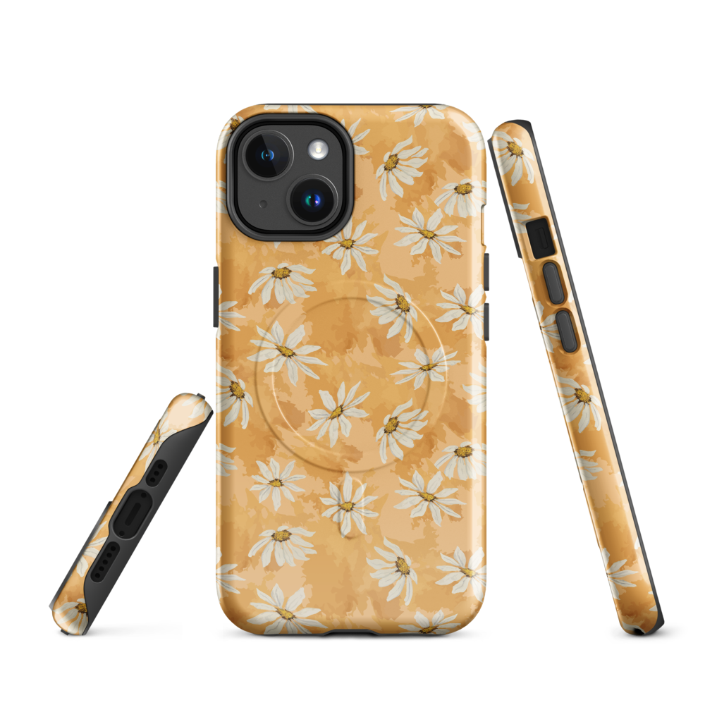 Phone case with white daisy pattern on a warm multi tone peach background
