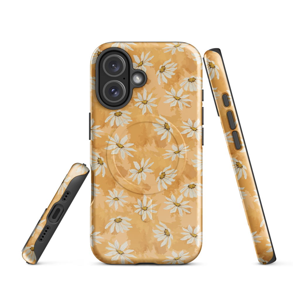 Phone case with white daisy pattern on a warm multi tone peach background