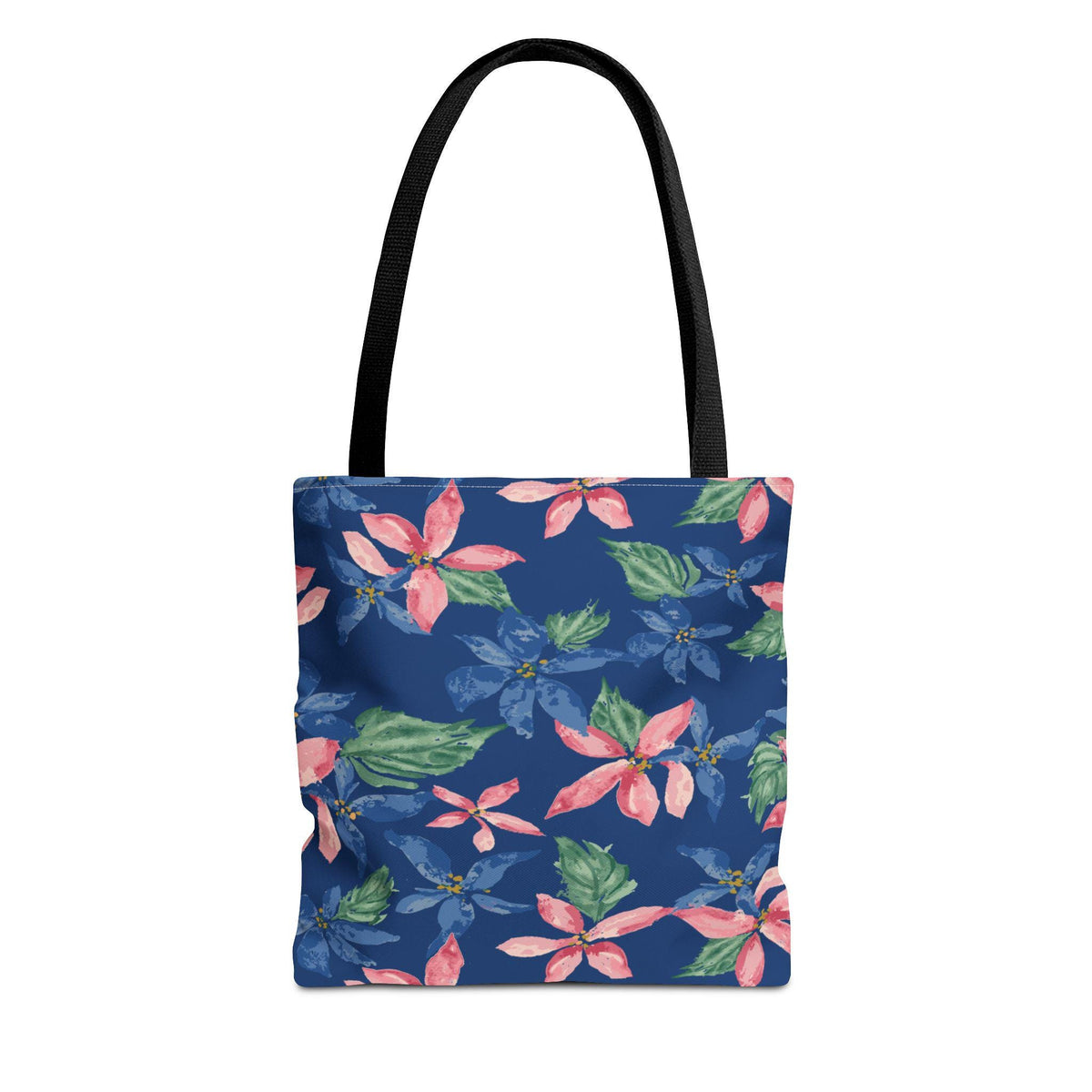 A tote bag with a black handle and a navy blue background. The bag is decorated with a watercolor floral pattern of pink and blue flowers and green leaves.