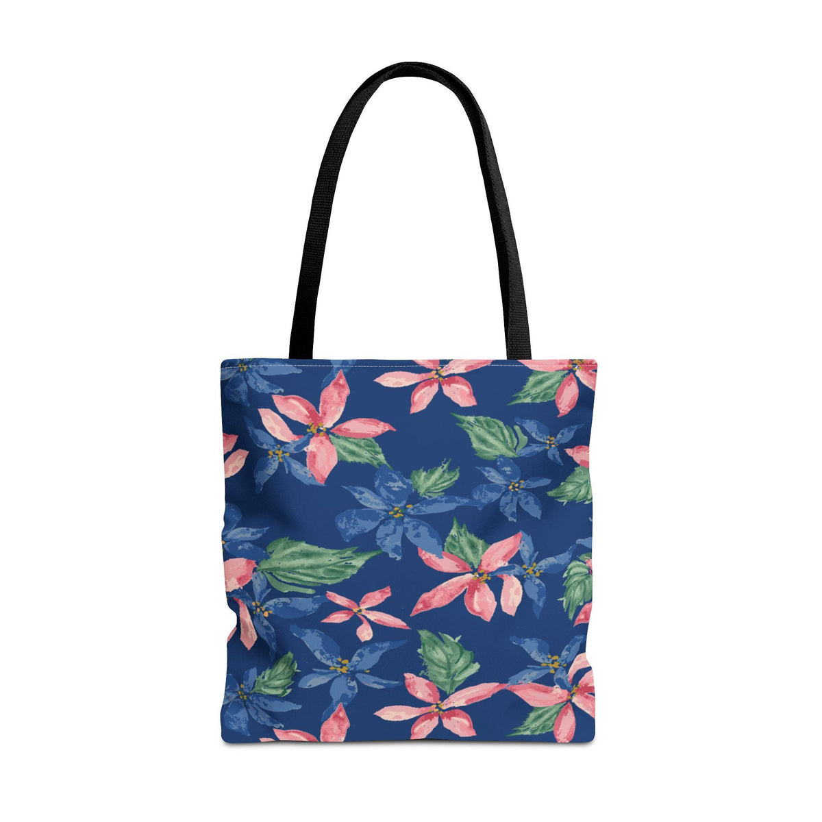 A tote bag with a navy blue background and a floral pattern. The pattern features pink and blue flowers with green leaves. The bag has black handles.