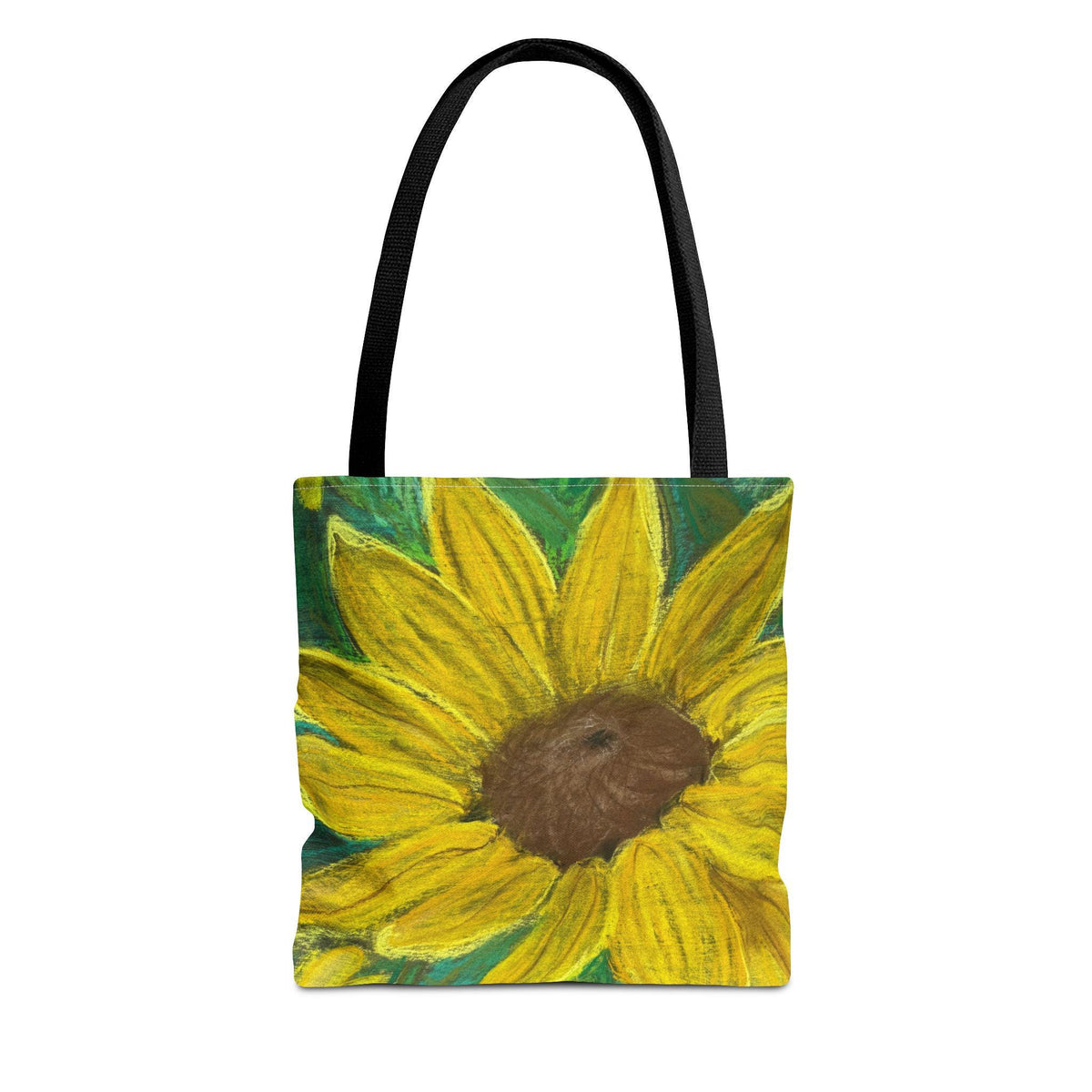 Tote bag featuring a large, vibrant yellow sunflower with a brown center, set against a green background. The bag has a black handle and is likely made of fabric. The sunflower is painted in a textured style.