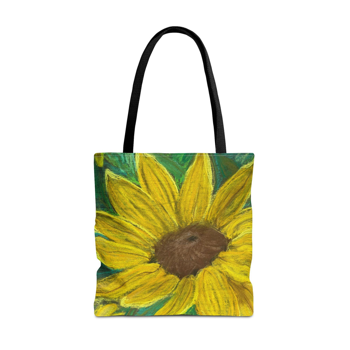 A tote bag featuring a vibrant, close-up painting of a Black eyed Susan. The sunflower like flower  has bright yellow petals and a dark brown center, set against a green background. The bag has black handles.