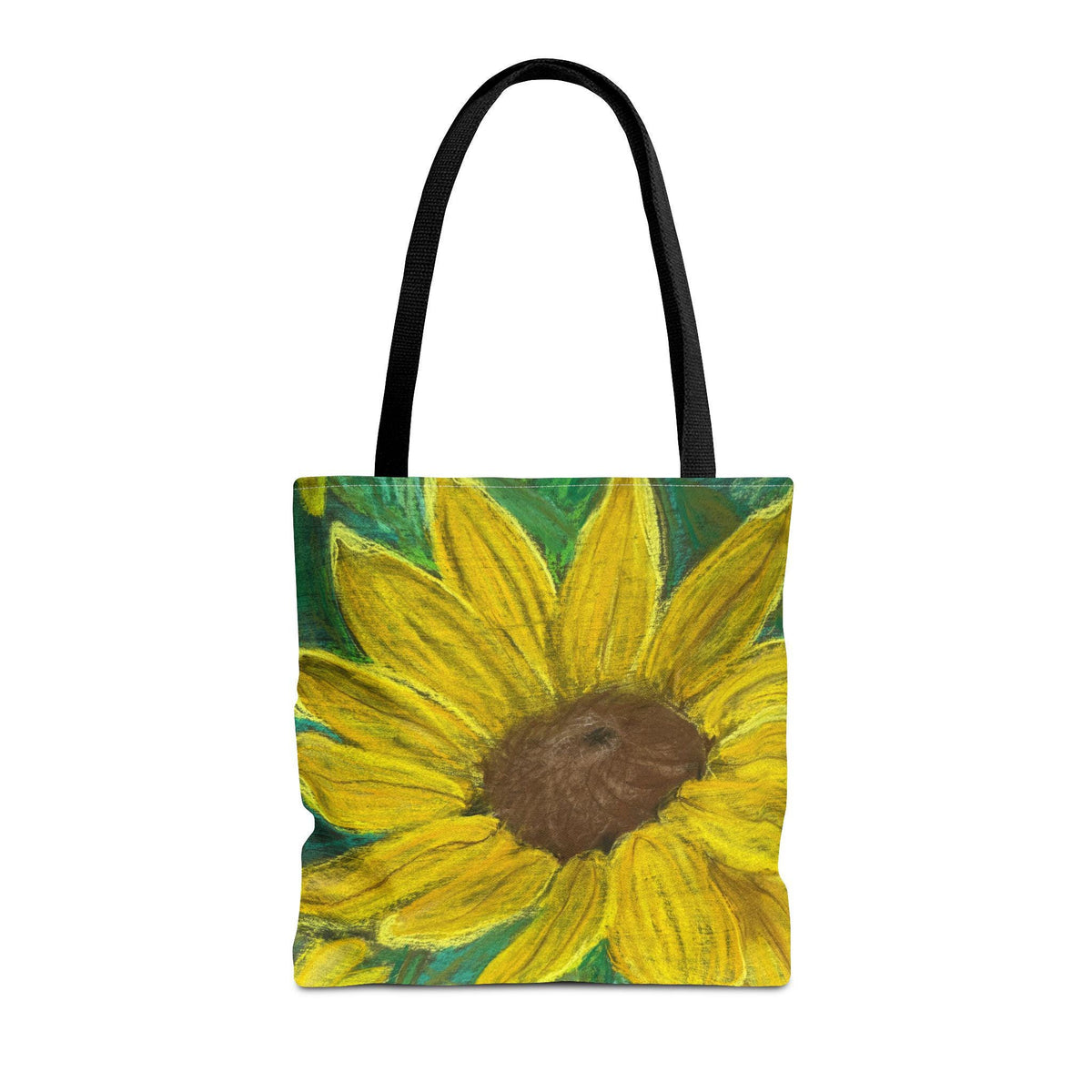 A tote bag featuring a vibrant, close-up painting of a Black eyed Susan. The sunflower like flower  has bright yellow petals and a dark brown center, set against a green background. The bag has black handles.