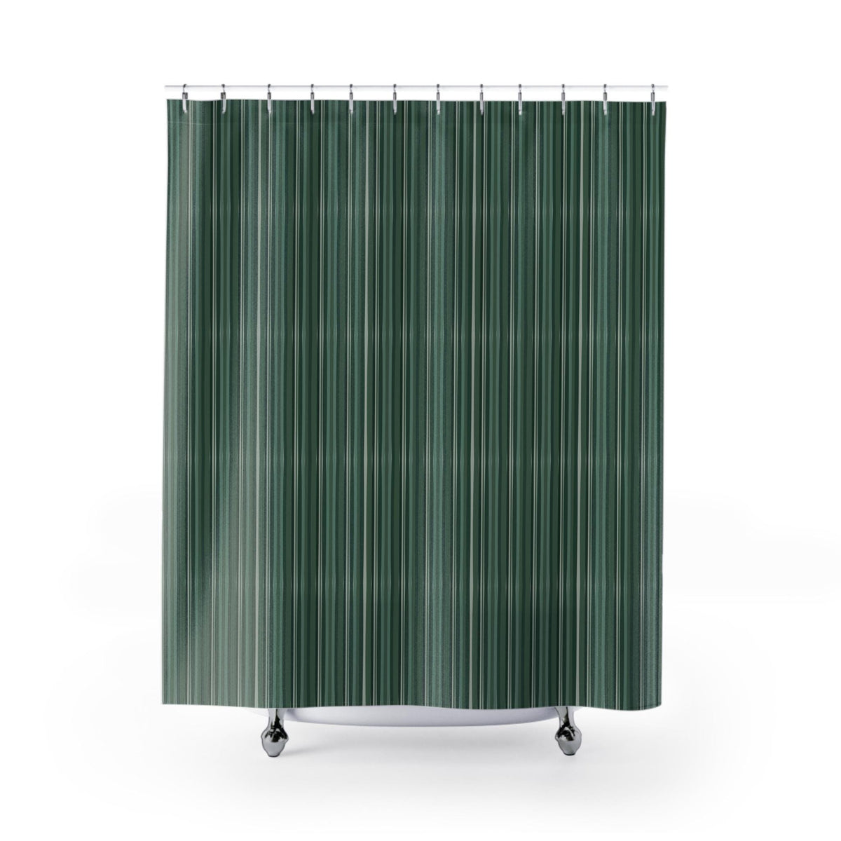 A dark green shower curtain with vertical stripes. The curtain is hanging from a metal rod with silver rings. The curtain is made of a durable, water-resistant material.