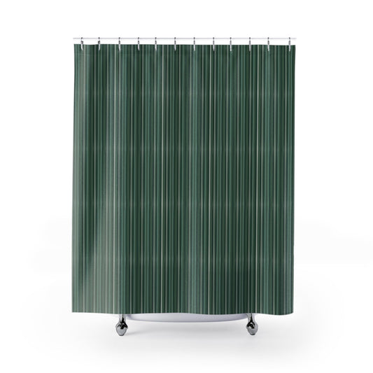 A dark green shower curtain with vertical stripes. The curtain is hanging from a metal rod with silver rings. The curtain is made of a durable, water-resistant material.