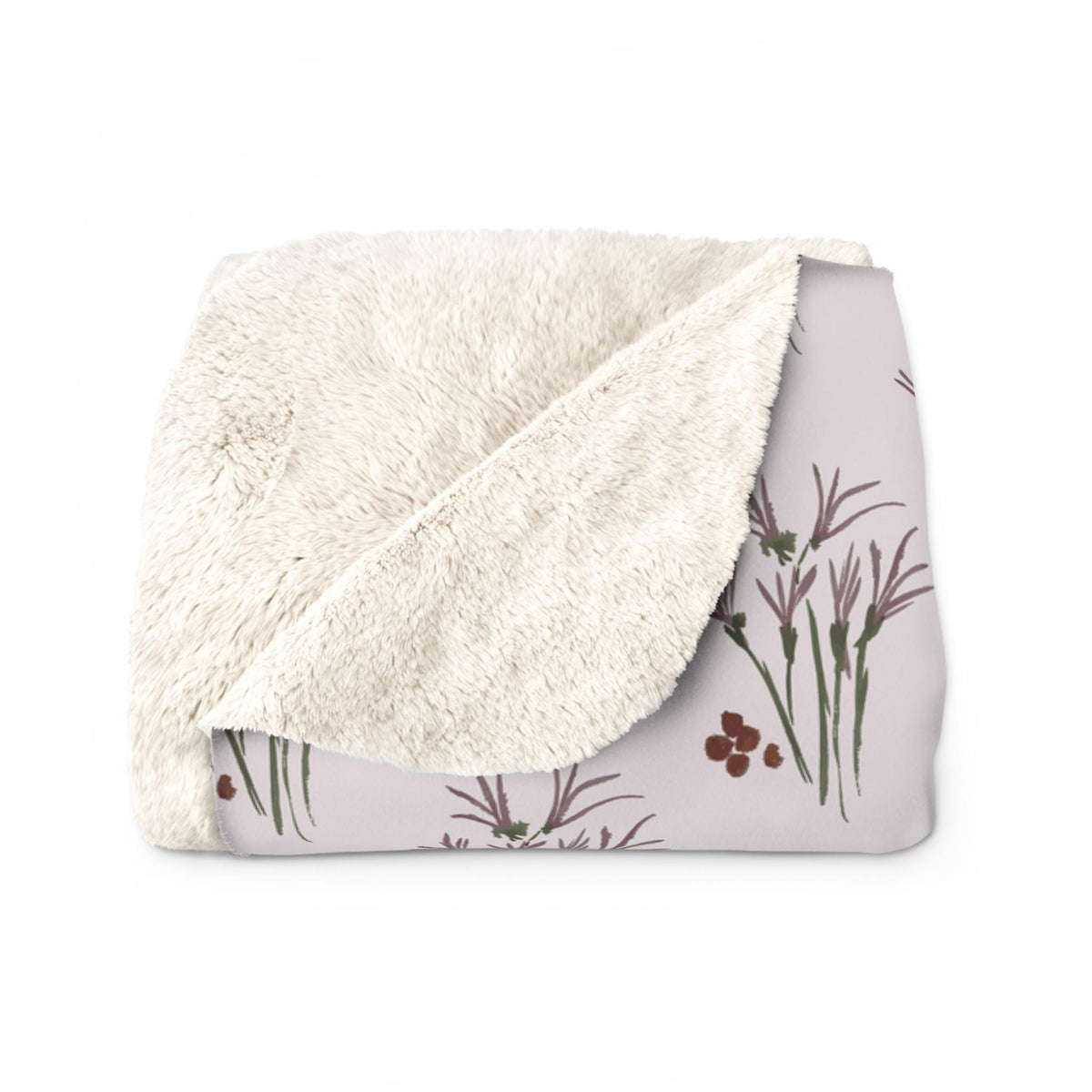 A soft, folded blanket with a light purple floral pattern. The blanket features a cream-colored, plush sherpa lining. The floral design includes brown and green stems with small, dark red flower clusters.