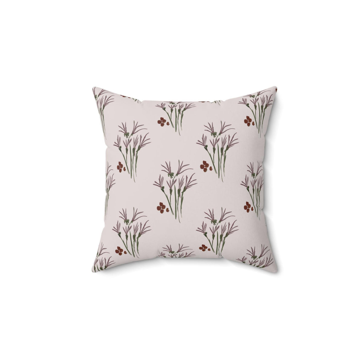 Square throw pillow with a repeating pattern of stylized purple floral sprigs and small red berries on a light pink background. The pillow has a soft, inviting appearance, suitable for home decor.