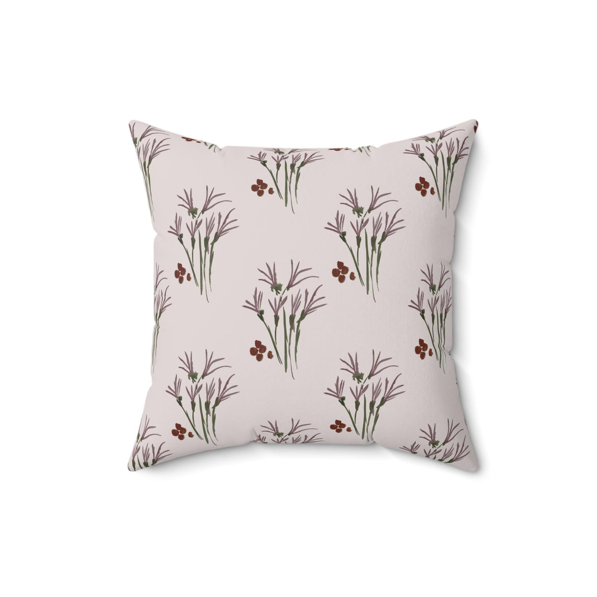 Square decorative pillow with a repeating pattern of stylized purple and green floral elements on a light pink background. The design includes clusters of small, dark red berries.