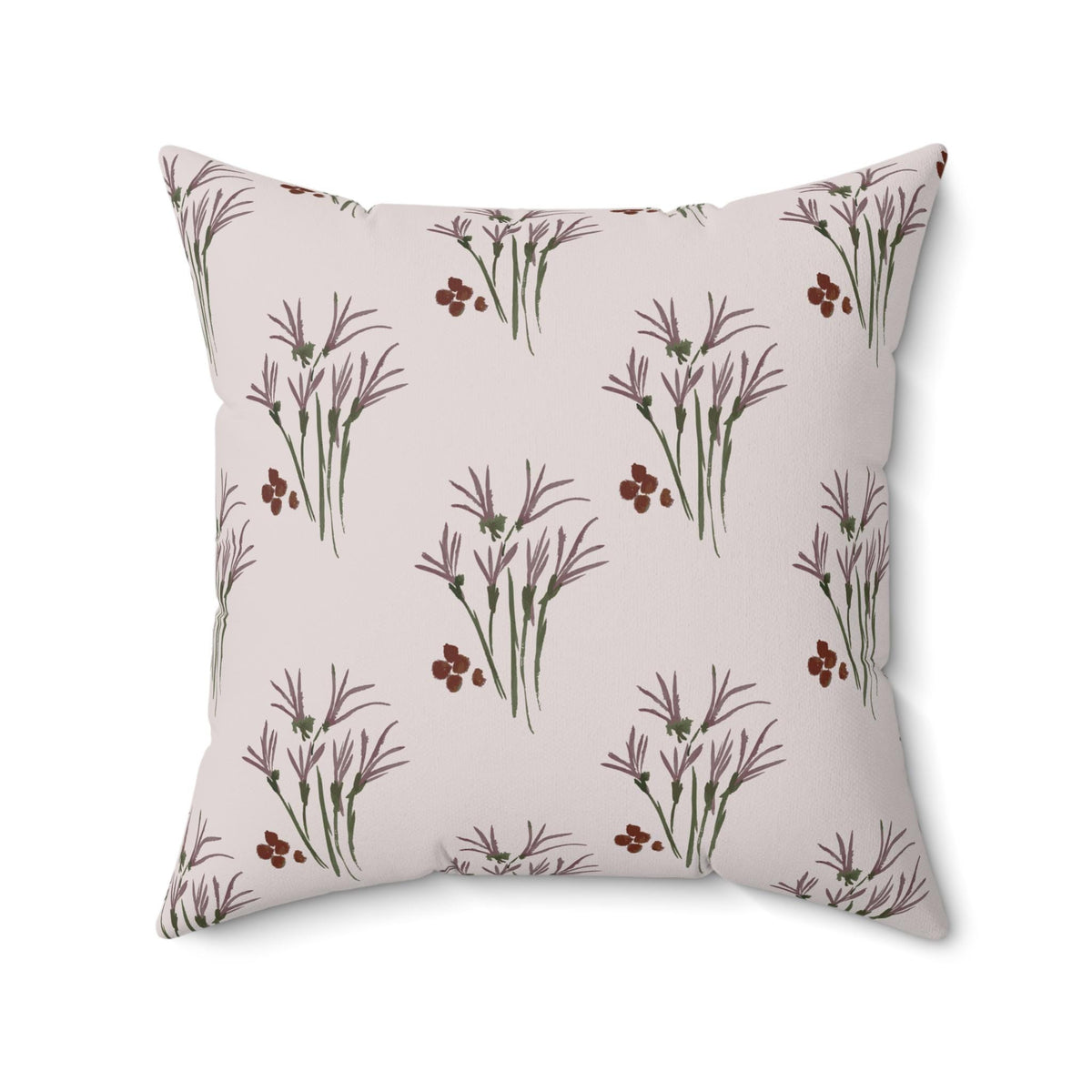 Square throw pillow with a repeating pattern of stylized purple and green floral elements on a light pink background. The pillow is a square shape, and the floral design is evenly distributed across the surface.