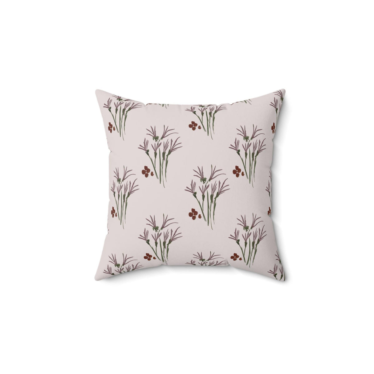 Square throw pillow with a repeating floral pattern. The design features stylized purple flowers with green stems and small red berries on a light pink background. The pillow is a decorative home accent.