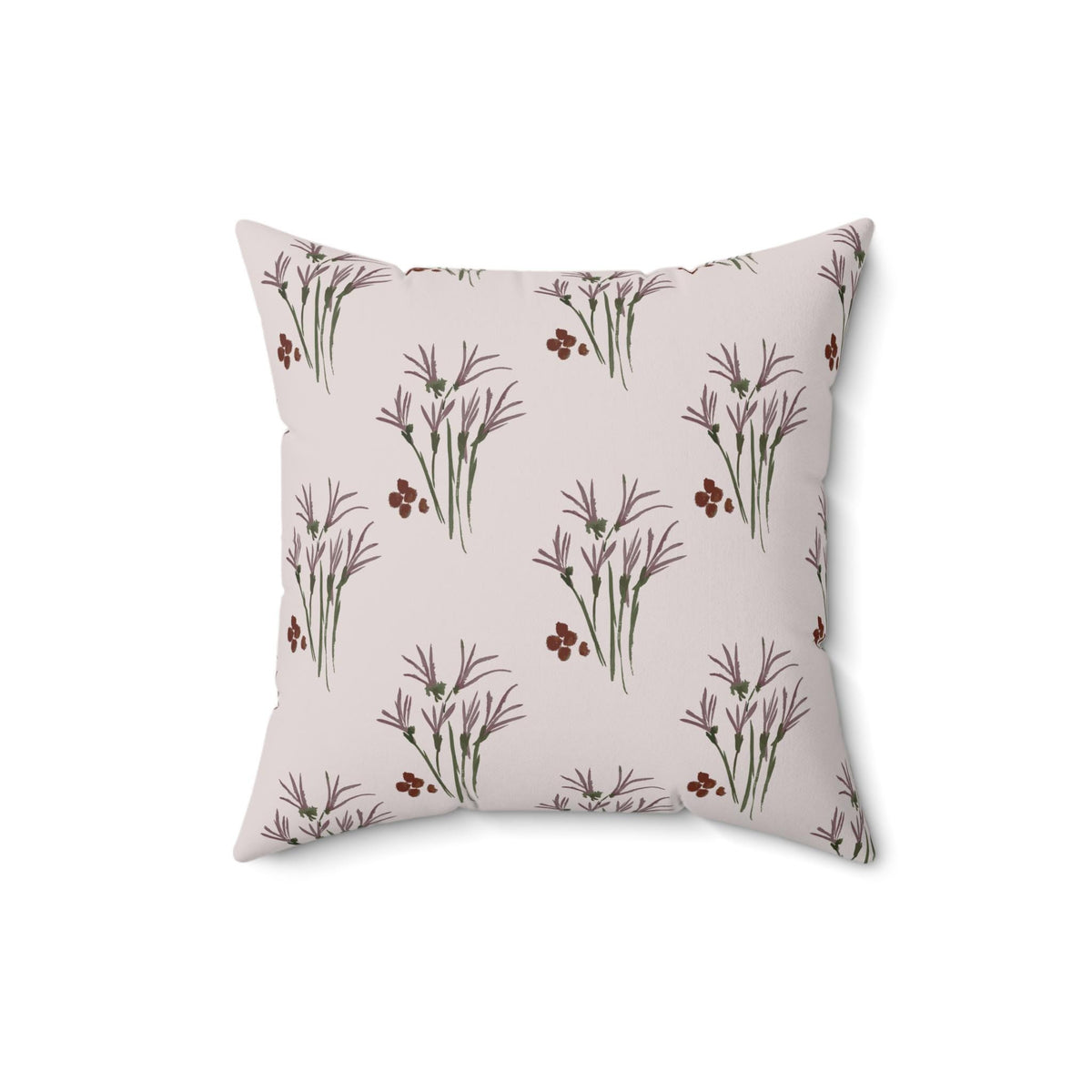 Square throw pillow with a floral pattern. The pillow features a light pink background with a repeating design of purple and green floral clusters and small red berries. The pillow is a decorative home accent.