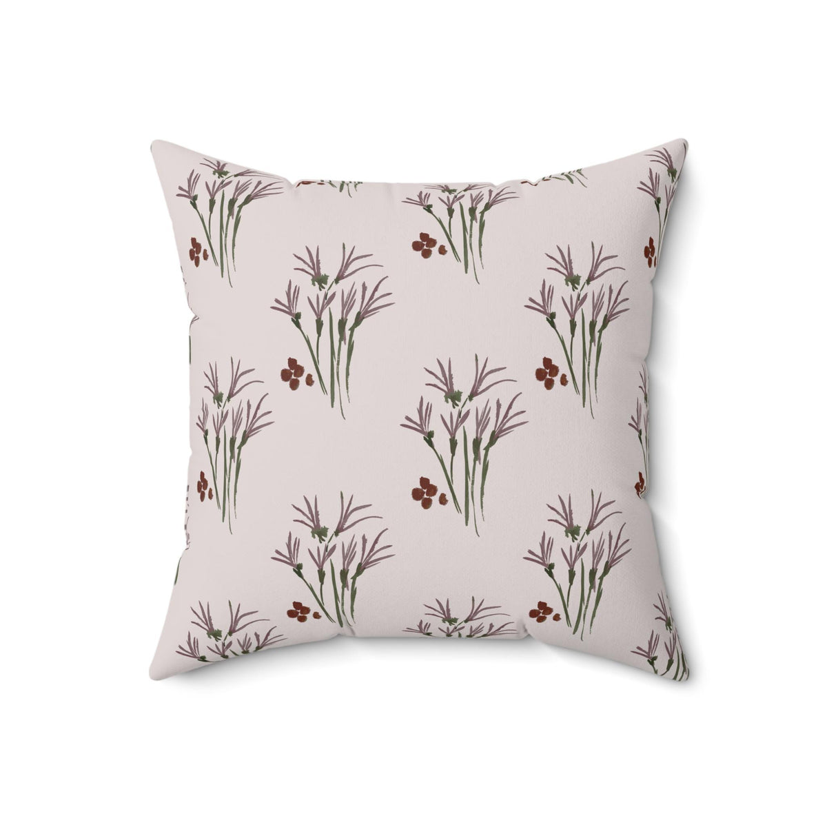 Square throw pillow with a repeating floral pattern. The design features stylized purple flowers with green stems and small clusters of maroon berries on a light pink background. The pillow is a square shape.