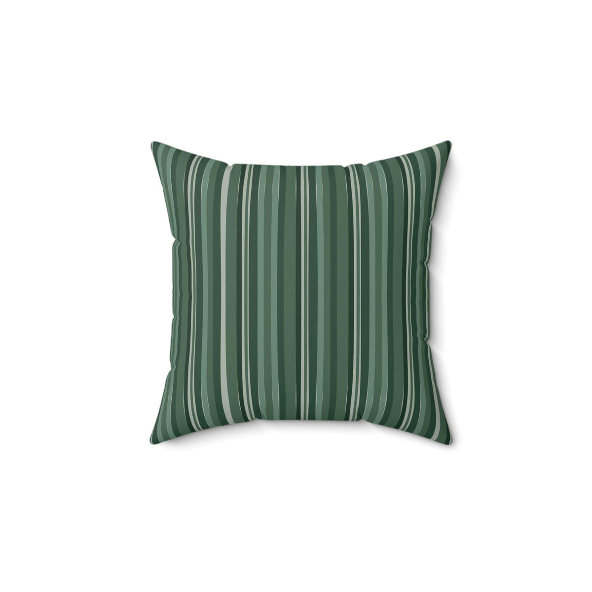 Square throw pillow with a vertical stripe pattern in shades of green and white. The pillow has a soft, textured appearance, suitable for home decor.