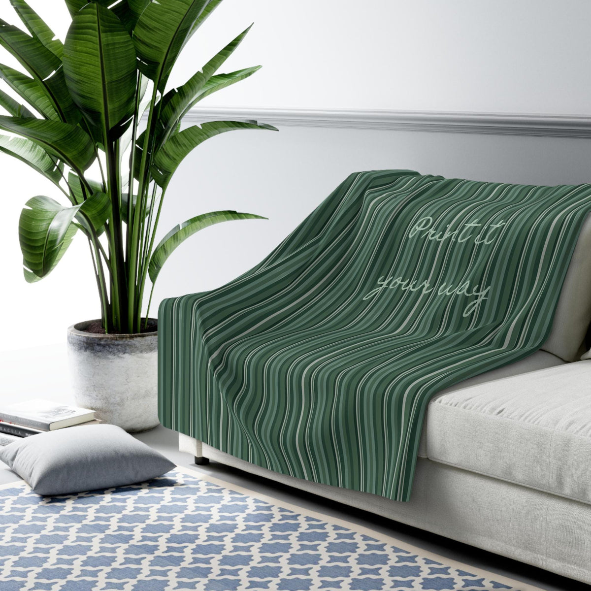 Green Striped Sherpa Fleece Blanket - Cozy Throw Blanket