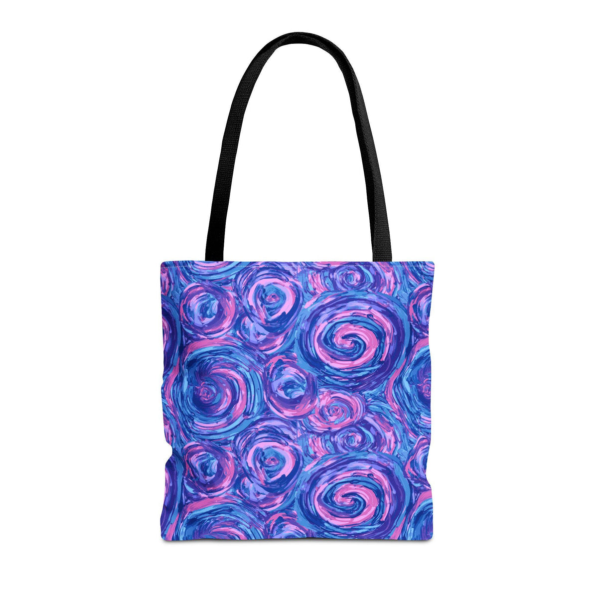 A tote bag with a black handle and a vibrant pattern of blue and pink swirls. The bag's design features an abstract, artistic style, making it a stylish accessory for carrying items.