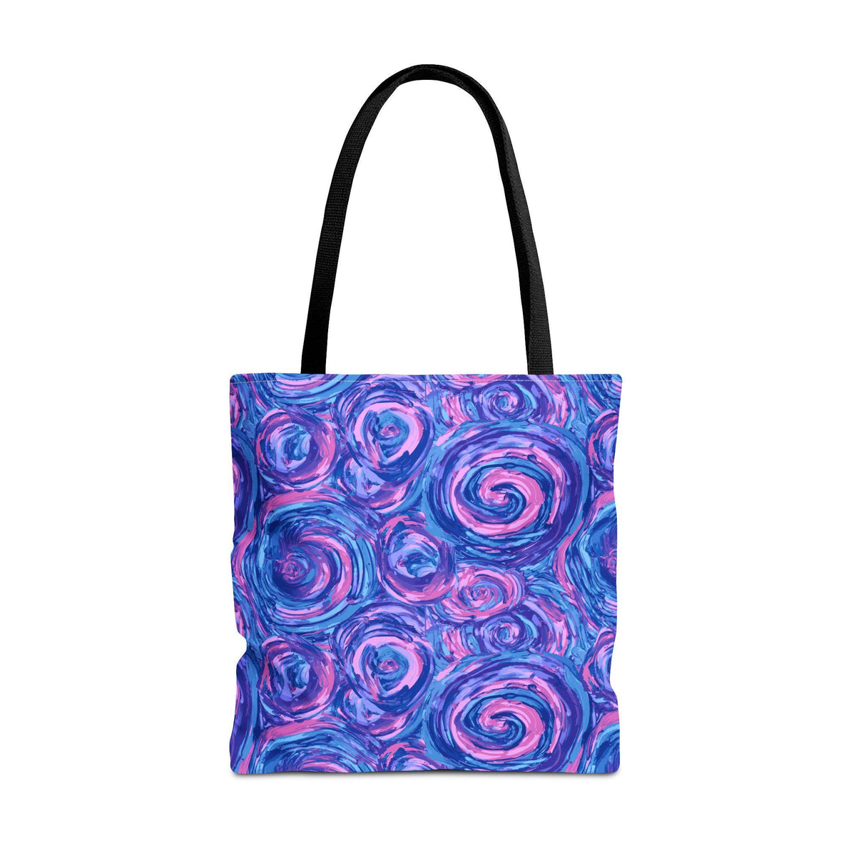 Tote bag with a vibrant, abstract design. The bag features a repeating pattern of blue, purple, and pink swirls. It has black handles and is designed for carrying items. The bag is made of a durable material.