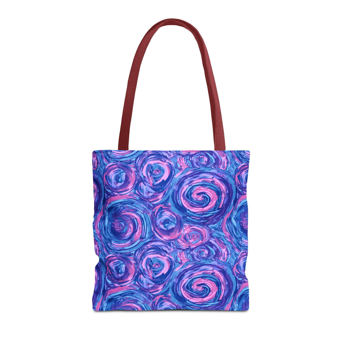 Tote bag with a vibrant, abstract design. The bag features a pattern of swirling blue and pink brushstrokes, with a deep red handle. This reusable tote is perfect for carrying groceries or personal items.