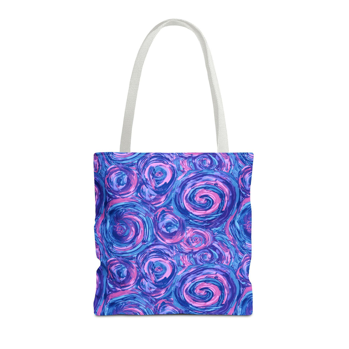 A tote bag with a white handle and a vibrant pattern of blue and pink swirls. The bag's design features a repeating pattern of abstract, brushstroke-style spirals, creating a colorful and artistic look. The bag is designed for carrying items.