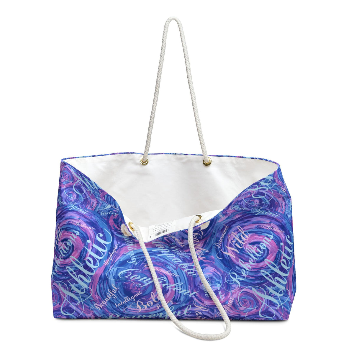 A large tote bag with a white interior and a swirling pattern in shades of blue, purple, and pink. The bag features white rope handles and gold-colored metal eyelets. The words "Athletic", "Beautiful", and "Wild" are printed on the bag.