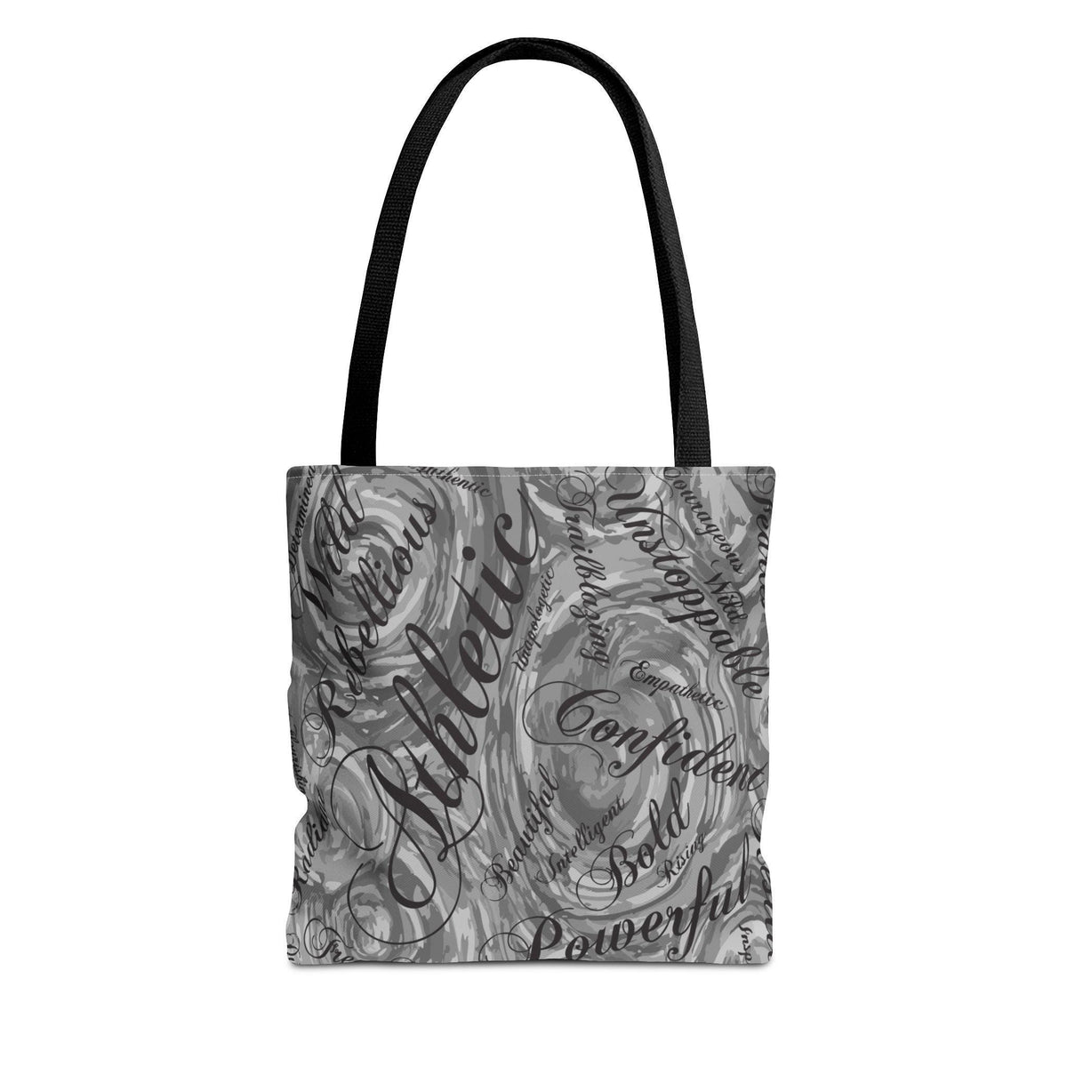 A tote bag with a black handle and a swirling gray and white design. The bag's surface features the word "Athletic" in a large, cursive font, along with other words like "Confident" and "Powerful".