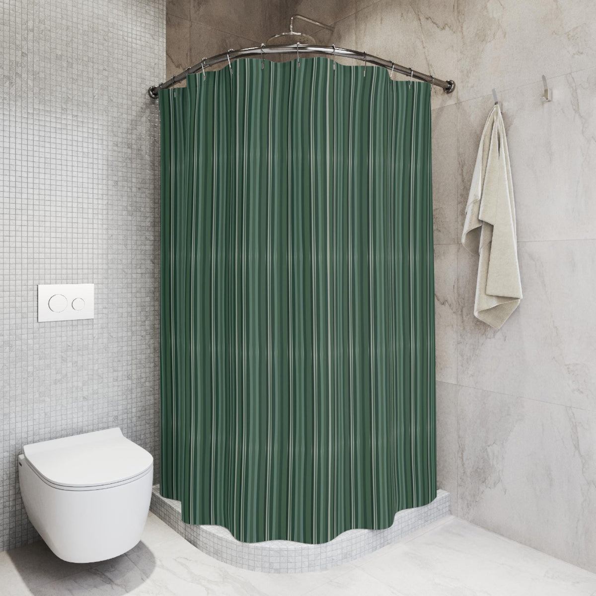 A green and white striped shower curtain hangs from a curved metal rod. The curtain is in a bathroom with a white toilet and a towel hanging on the wall. The walls are tiled in shades of gray.