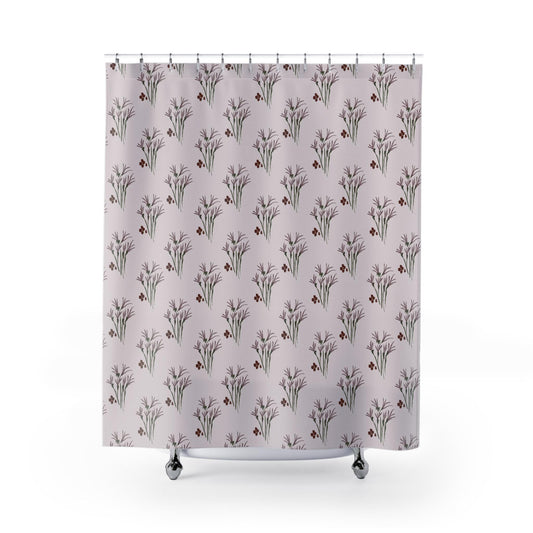 Vintage-style floral watercolor shower curtain in soft mauve tones, original design by Kathryn Young