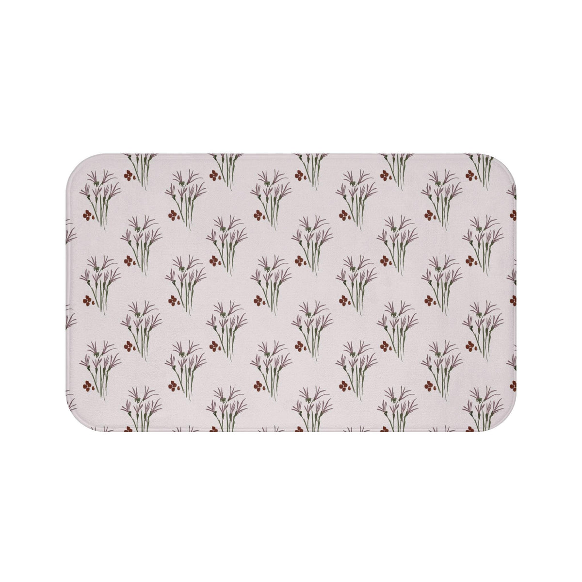 Rectangular bath mat with a repeating pattern of stylized purple floral sprigs and small red berry clusters on a light beige background. The mat has rounded corners and a soft, textured appearance.