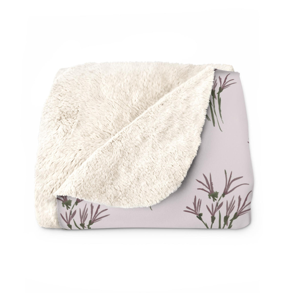 A soft, cream-colored sherpa blanket with a floral pattern. The blanket features a light purple background with a repeating design of dark purple and green floral elements. The reverse side is a plush, cream-colored sherpa material.