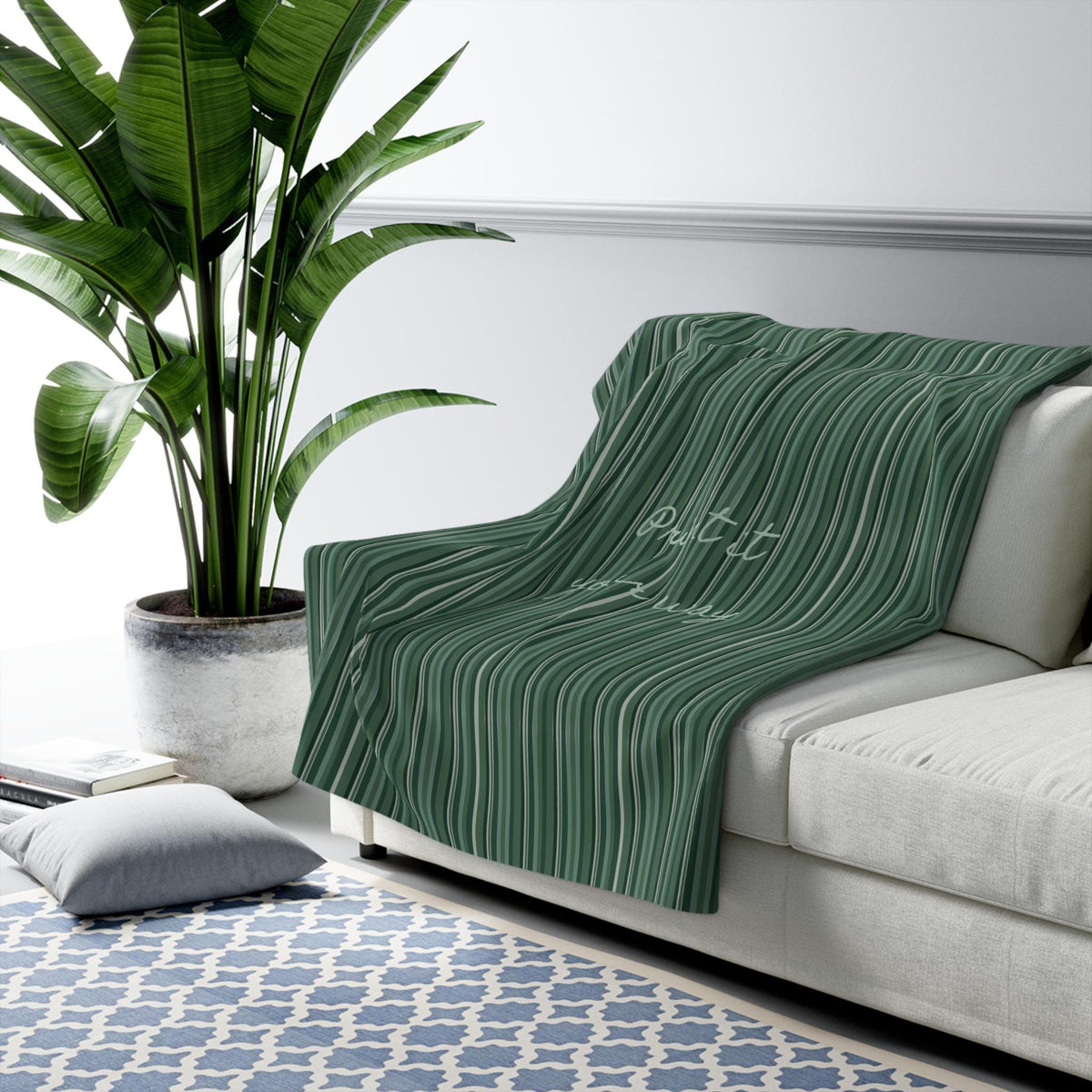 Green Striped Sherpa Fleece Blanket - Cozy Throw Blanket
