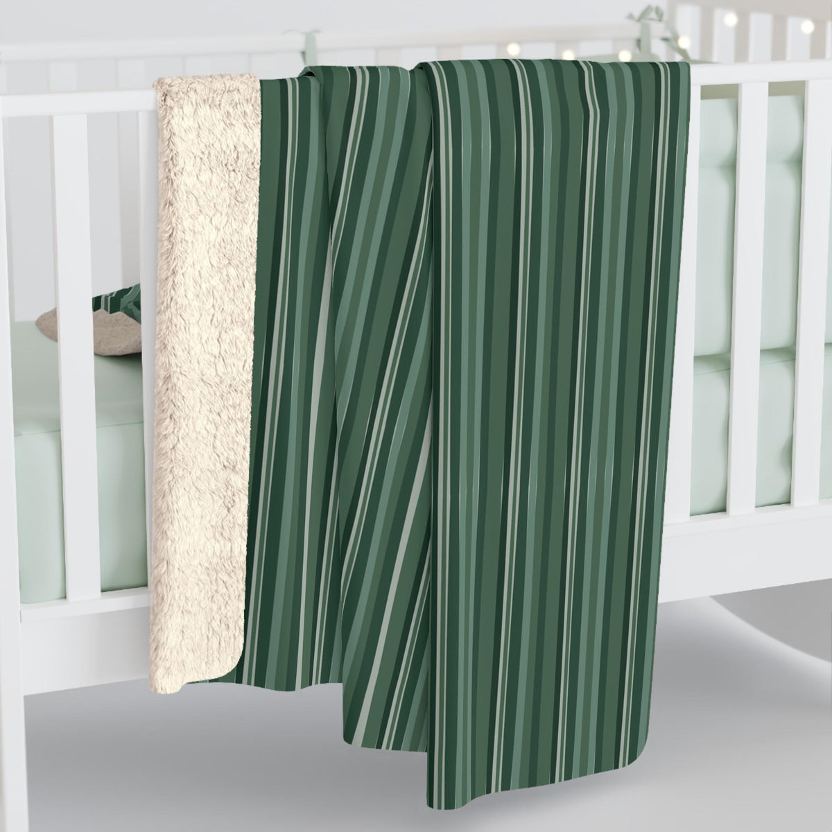 Green Striped Sherpa Fleece Blanket - Cozy Throw Blanket