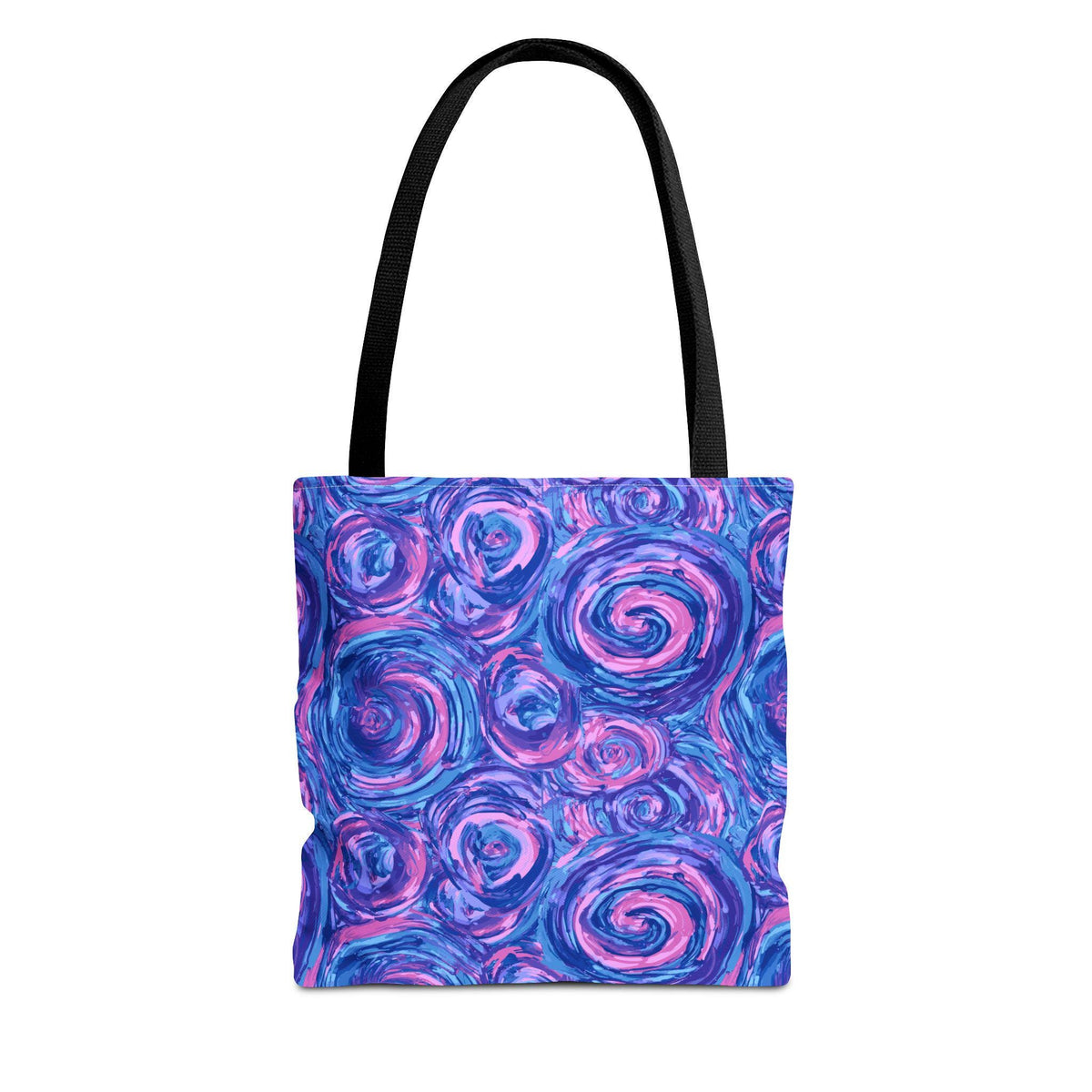 Tote bag with a black handle and a vibrant, abstract pattern of blue, purple, and pink swirls. The bag's design features a repeating spiral motif, creating a dynamic and colorful accessory.