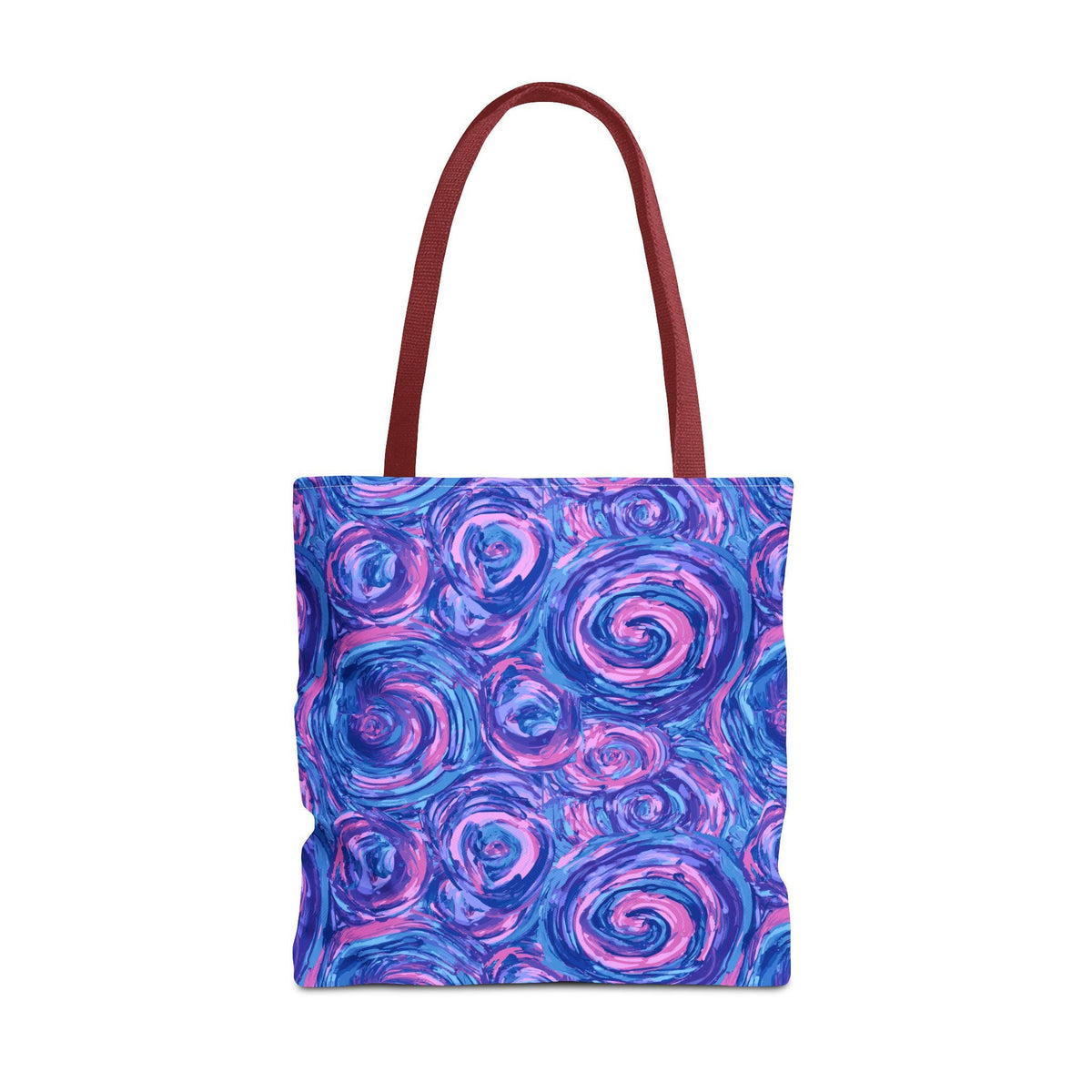 A tote bag with a vibrant, abstract design of swirling blue and pink brushstrokes. The bag has a burgundy-colored handle. This tote bag is suitable for carrying books, groceries, or personal items.