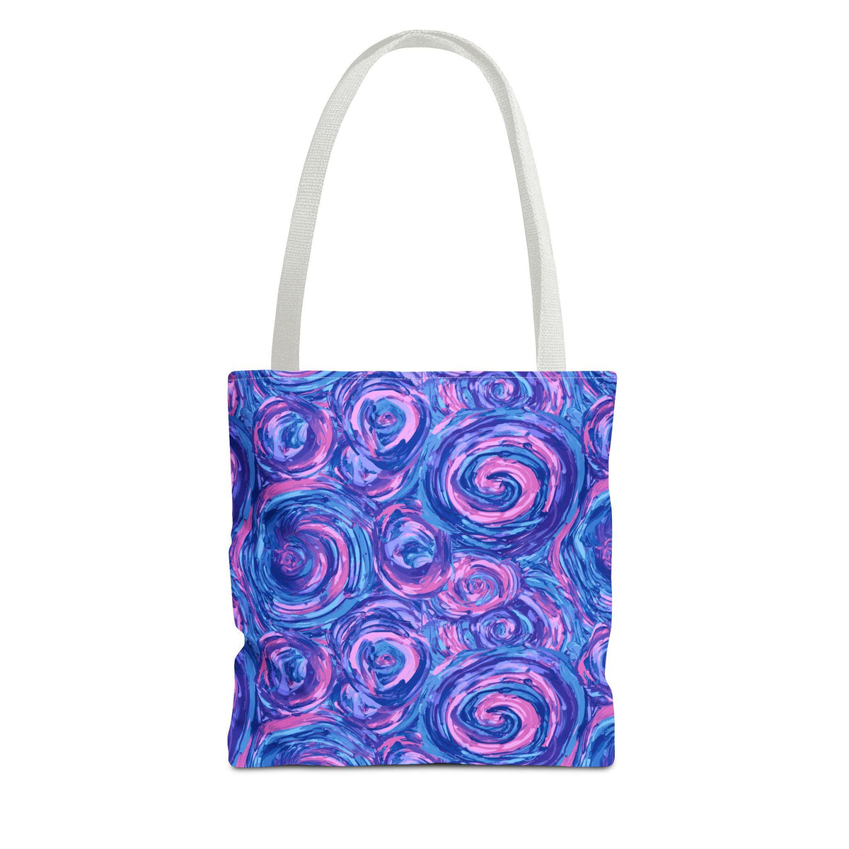 Tote bag with a vibrant, abstract pattern of blue and pink swirls. The bag has a white handle and a rectangular shape. The design covers the entire surface of the bag, creating a visually striking accessory.