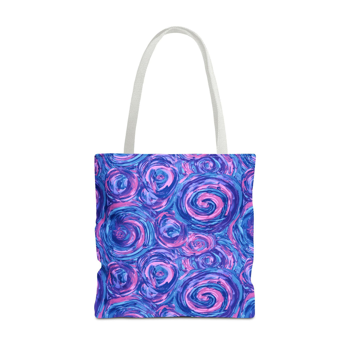 A tote bag with a white handle and a vibrant pattern of blue, purple, and pink swirls. The bag's design features an abstract, artistic style, perfect for carrying everyday items.