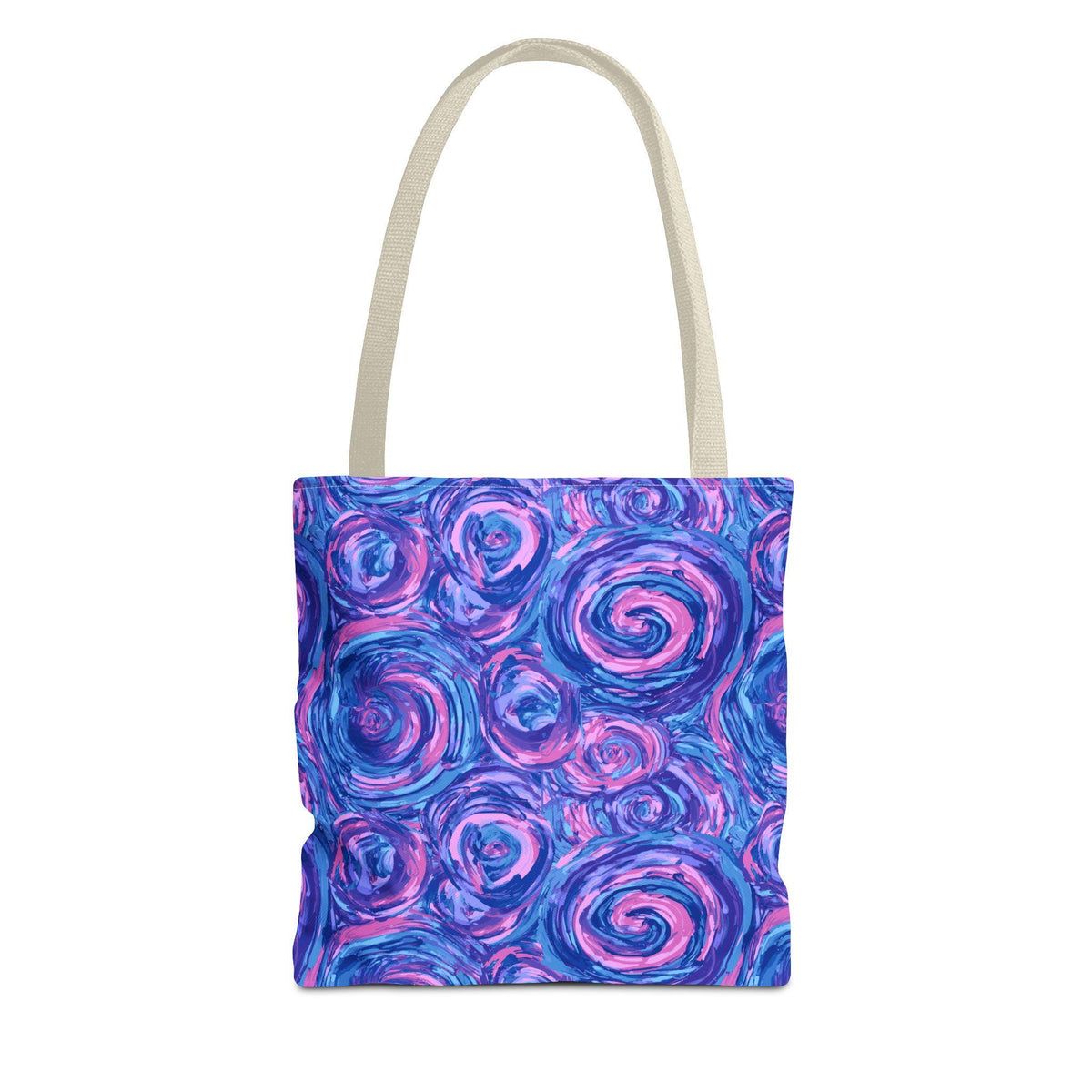 A tote bag with a repeating pattern of blue and pink swirls. The bag has a cream-colored handle and a rectangular body. The swirls are in shades of blue, purple, and pink.