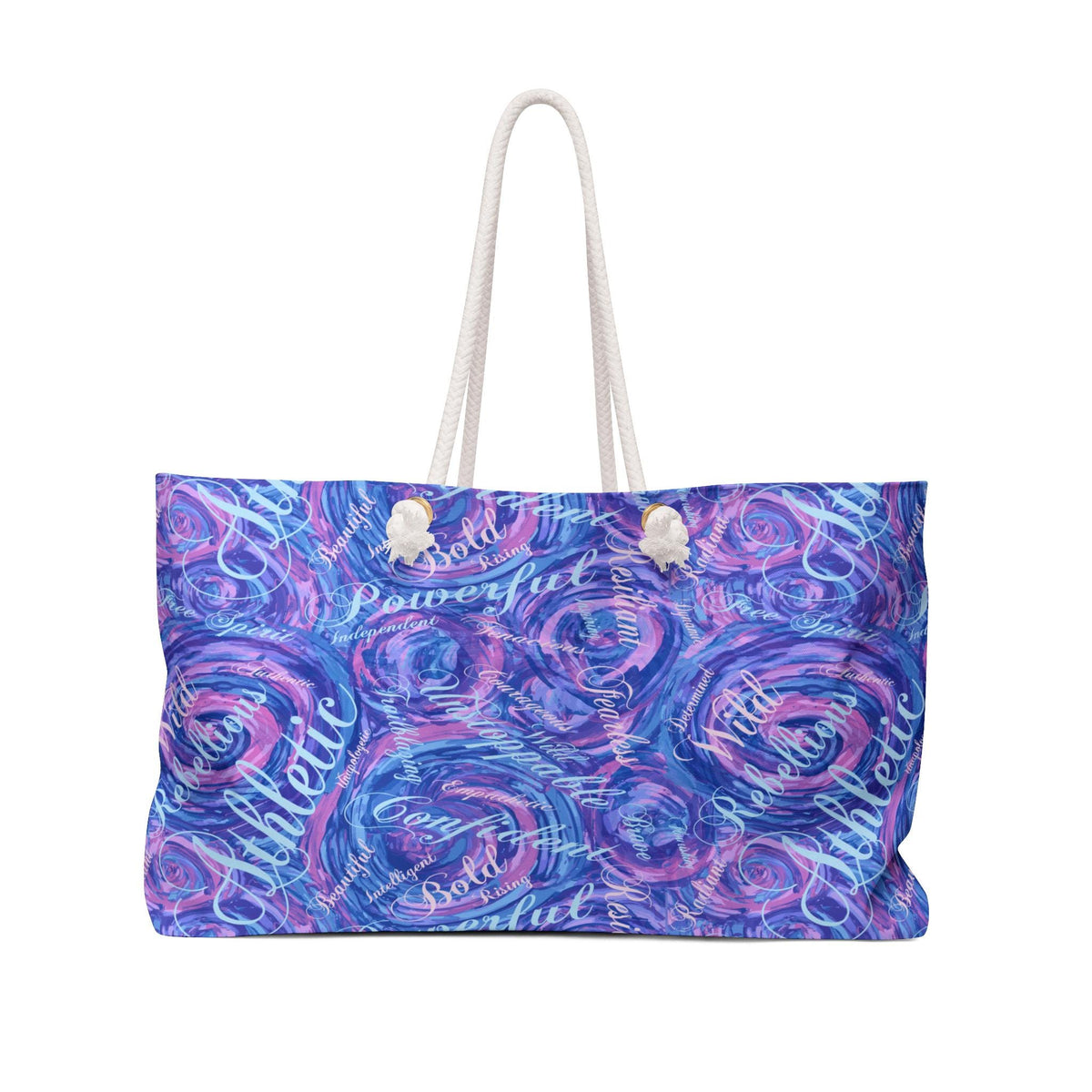 Large tote bag with a swirling pattern in shades of blue, purple, and pink. The bag features white rope handles and the words "Athletic", "Powerful", and "Bold" in a cursive font.