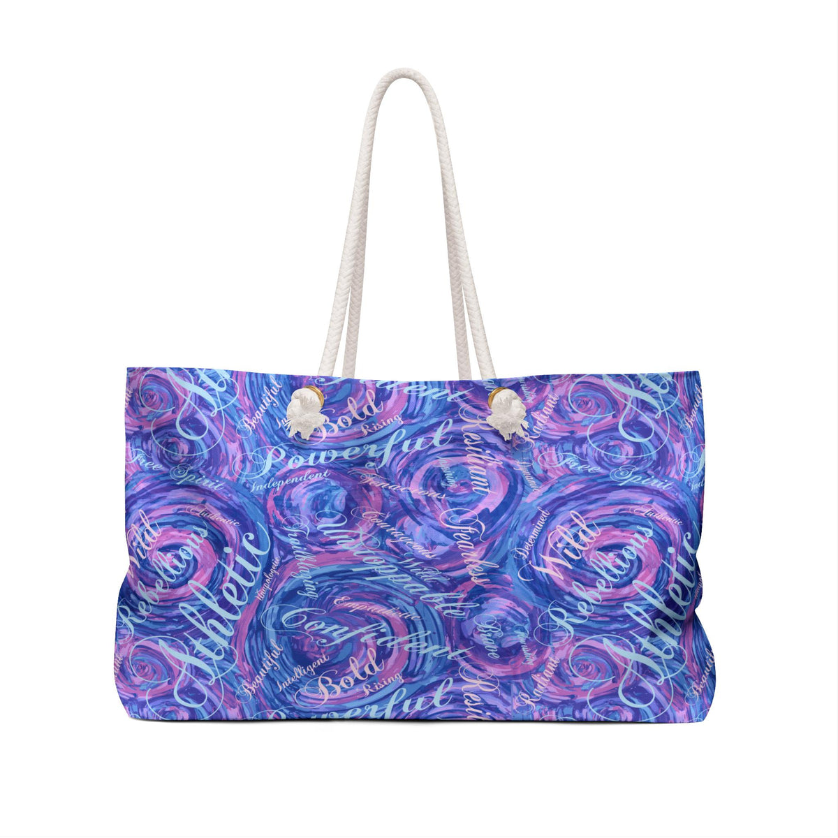 Large tote bag with a swirling pattern in shades of blue, purple, and pink. The bag features white rope handles and the words "Athletic", "Powerful", and "Bold" in a cursive font.