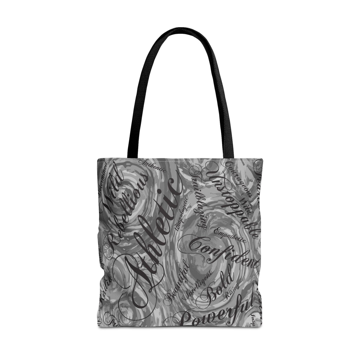 A tote bag with a black handle and a swirling gray and white pattern. The bag is covered in words like "Athletic", "Confident", and "Unstoppable" in a mix of fonts. The bag is designed to be carried over the shoulder.