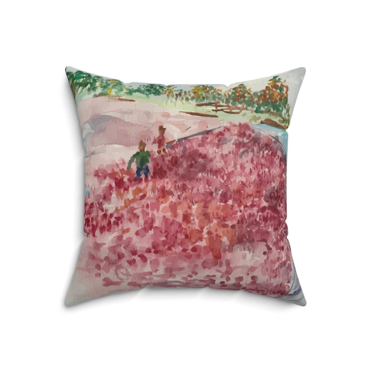 Cranberry Harvest Faux Suede Pillow Cover, Watercolor Scene