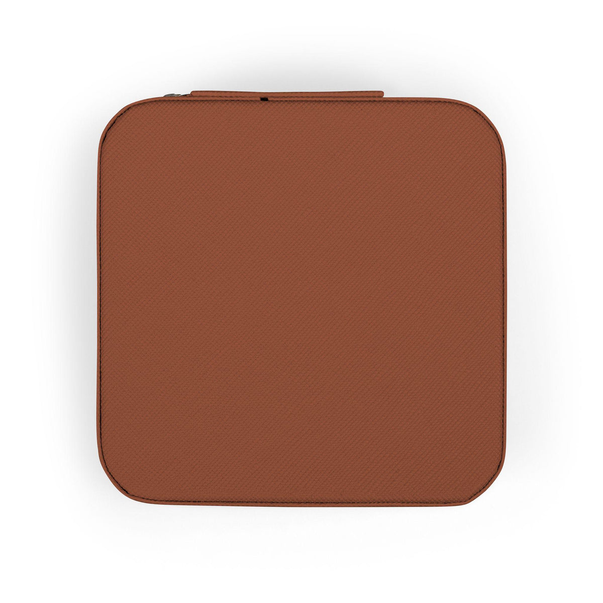A top-down view of a square, brown, zippered case. The case has rounded corners and a textured surface. The zipper is visible at the top of the case.
