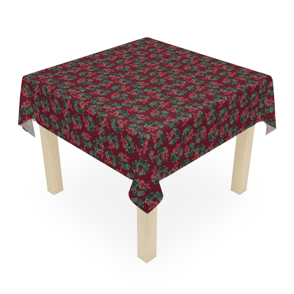 Festive Christmas Wreath Tablecloth, Cranberry Green Holiday Decor (55.1" × 55.1")