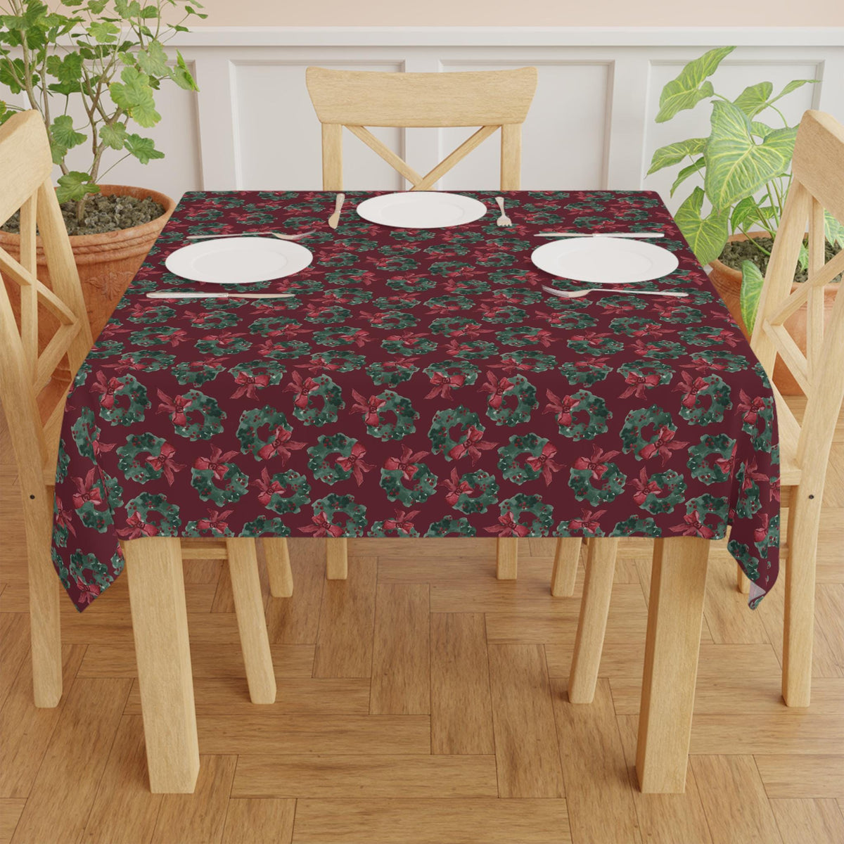Festive Christmas Wreath Tablecloth, Cranberry Green Holiday Decor (55.1" × 55.1")