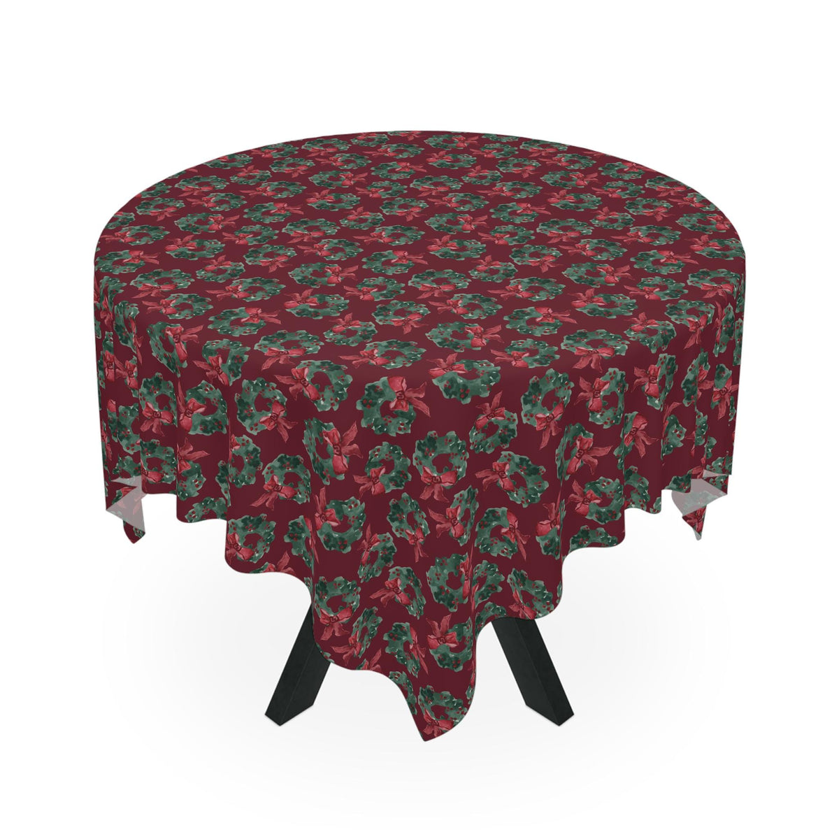 Festive Christmas Wreath Tablecloth, Cranberry Green Holiday Decor (55.1" × 55.1")